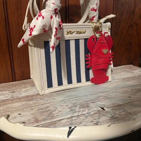 Betsy Johnson Navy and White Striped Mini Bag with Red Lobster Charm - Picture 6 of 14
